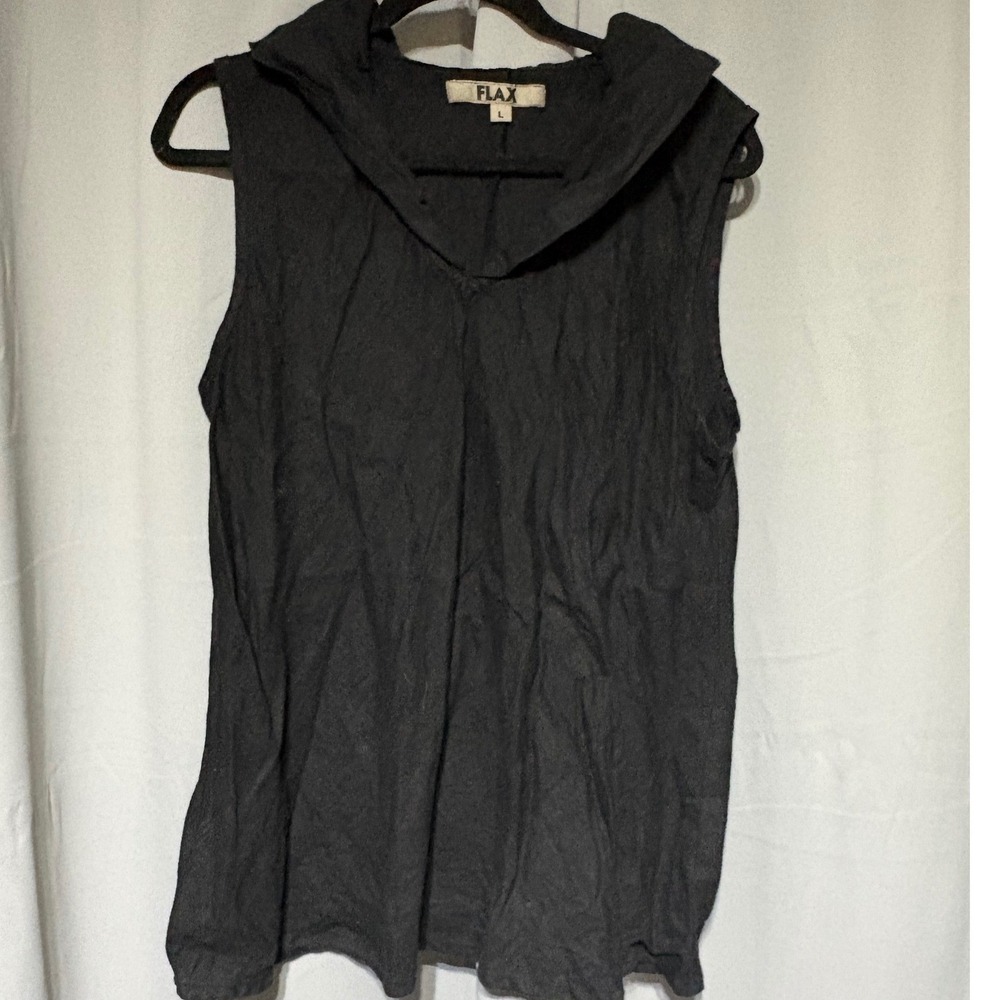FLAX Linen Top Womens L Sleeveless Hooded Charcoal Gray Relaxed Lagenlook Boho